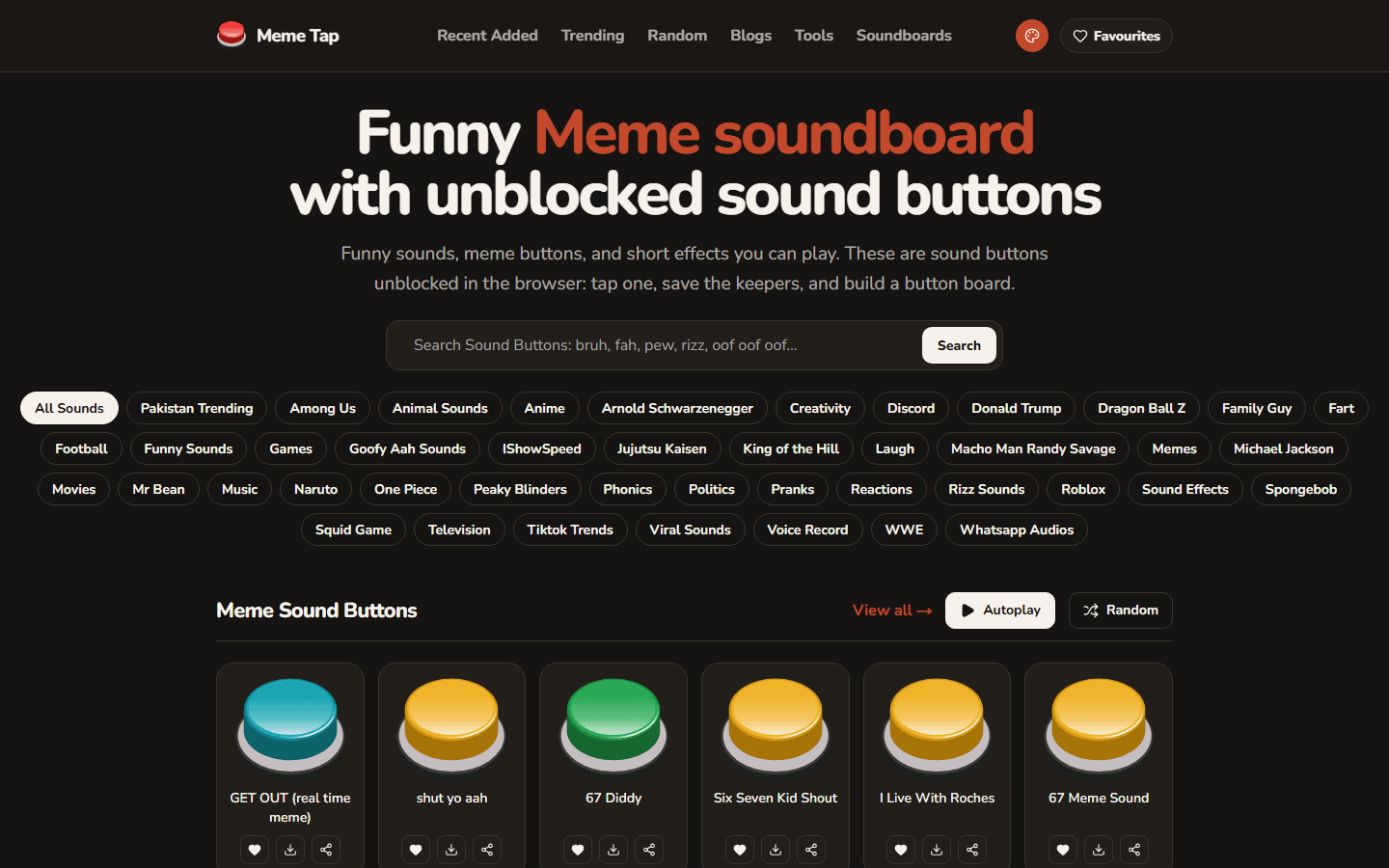 Meme Tap home page with a search bar, category chips and a grid of colourful sound buttons